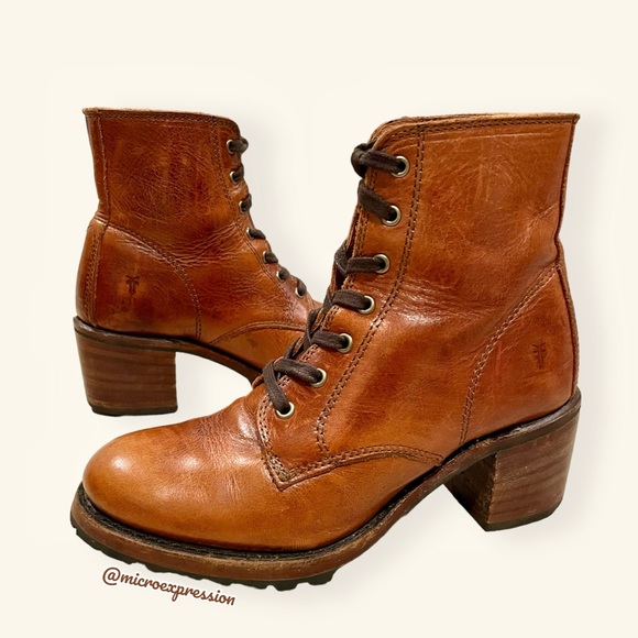 $415 Frye Sabrina 6G Cognac Brown Leather Laced Combat Chunky Heel Ankle Bootie - Picture 14 of 14